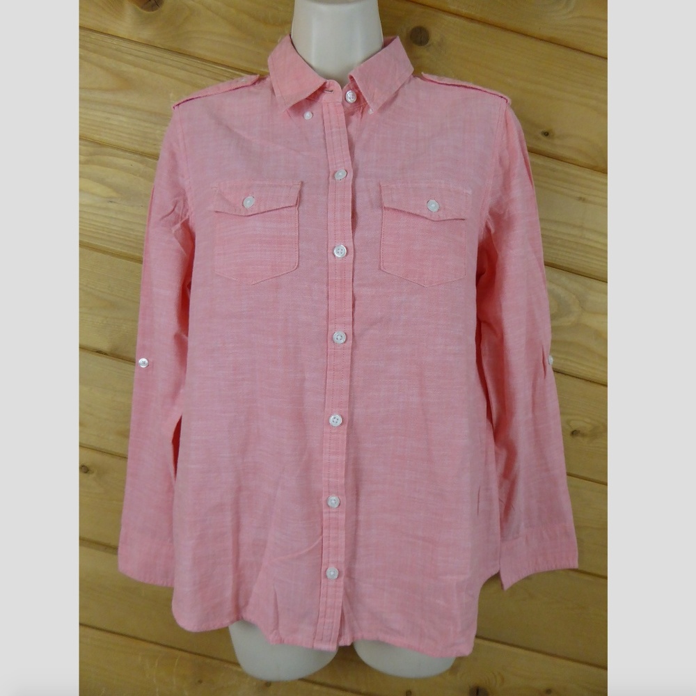 Coral Orange Pink Button Front Long Sleeve Shirt M